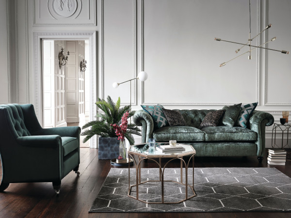 Connaught Minor Sofa body in Monarch Highland Green range 6 Sunday Ladies Chair body in Amalfi Highland Green range 4